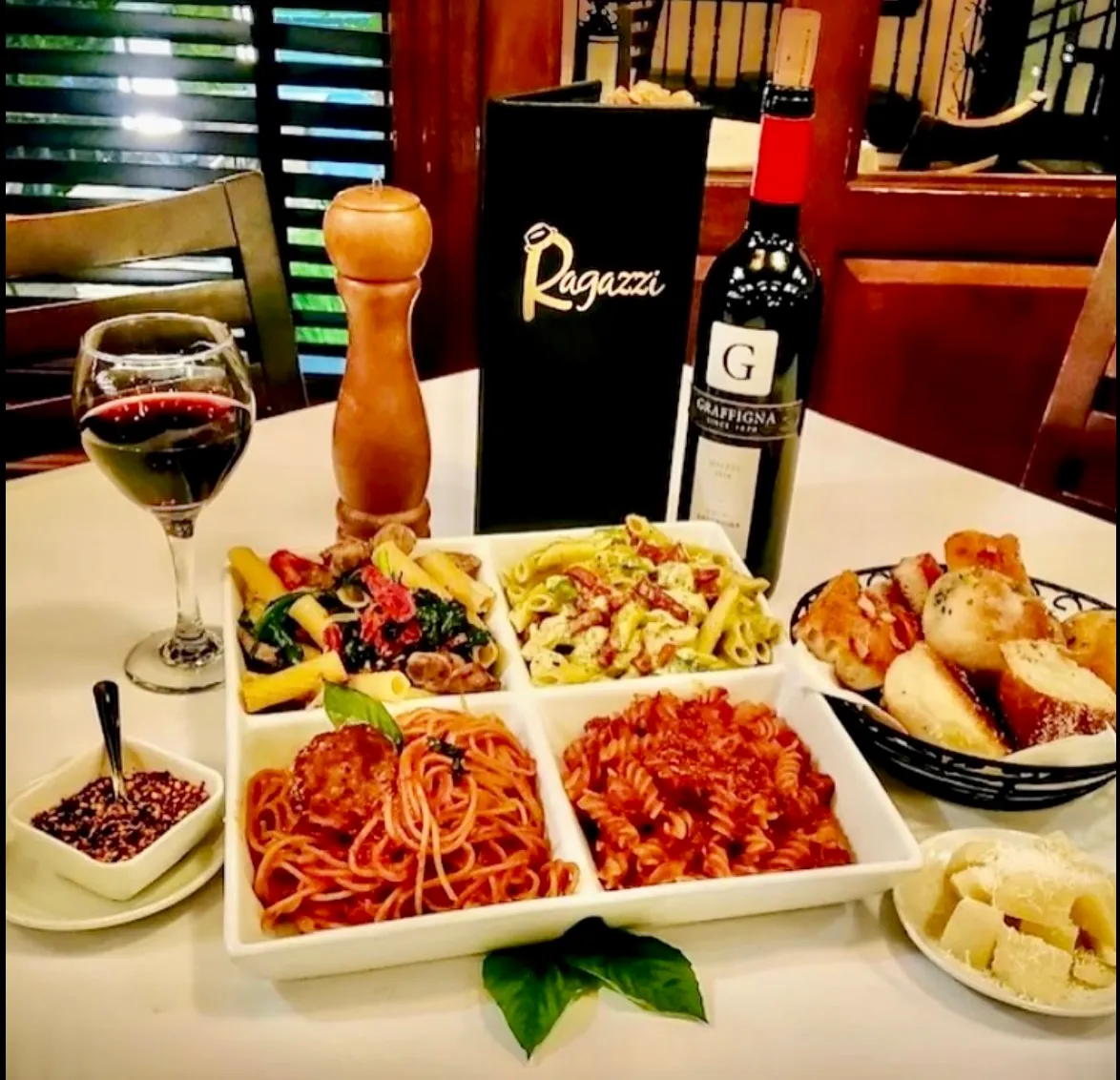 A spread of Ragazzi's Italian dishes